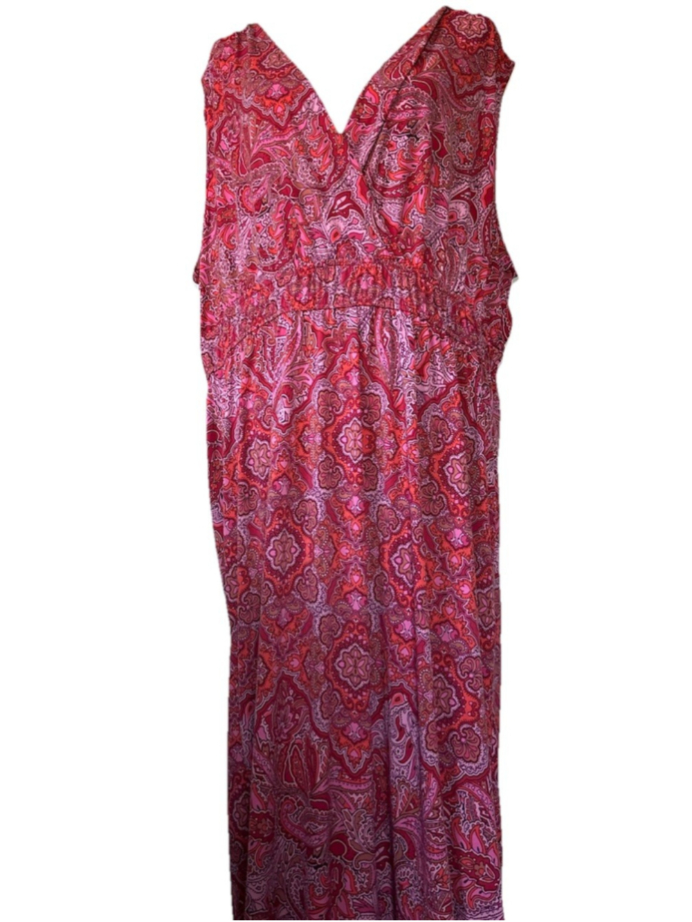 Boho Paisley Sleeveless Maxi Dress Pink Purple Faux Wrap Smocked Waist 3XL